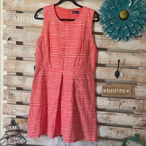 Gap coral pink striped linen-blend fit & flare dress, inverted front pleat. 14